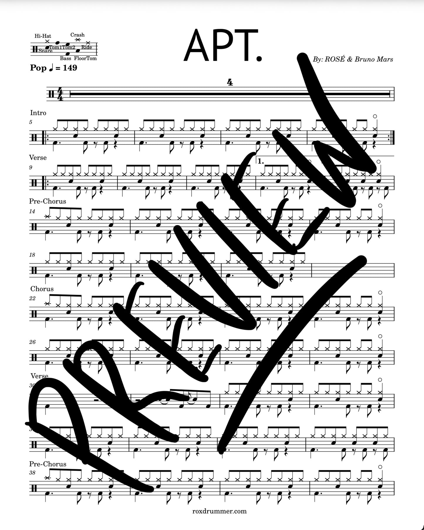 ROSÉ & Bruno Mars - "APT." Drum Sheet Music