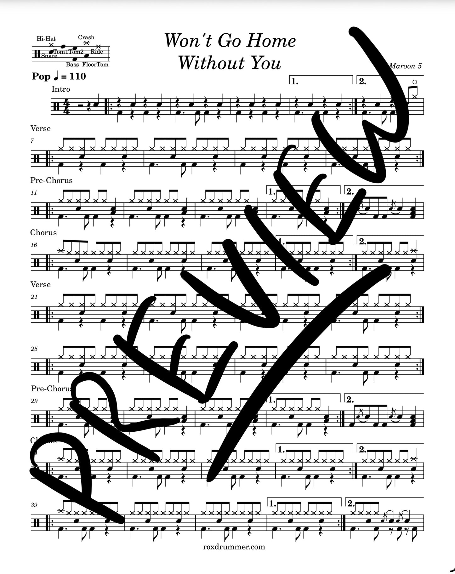 Maroon 5 - "Won't Go Home Without You" Drum Sheet Music