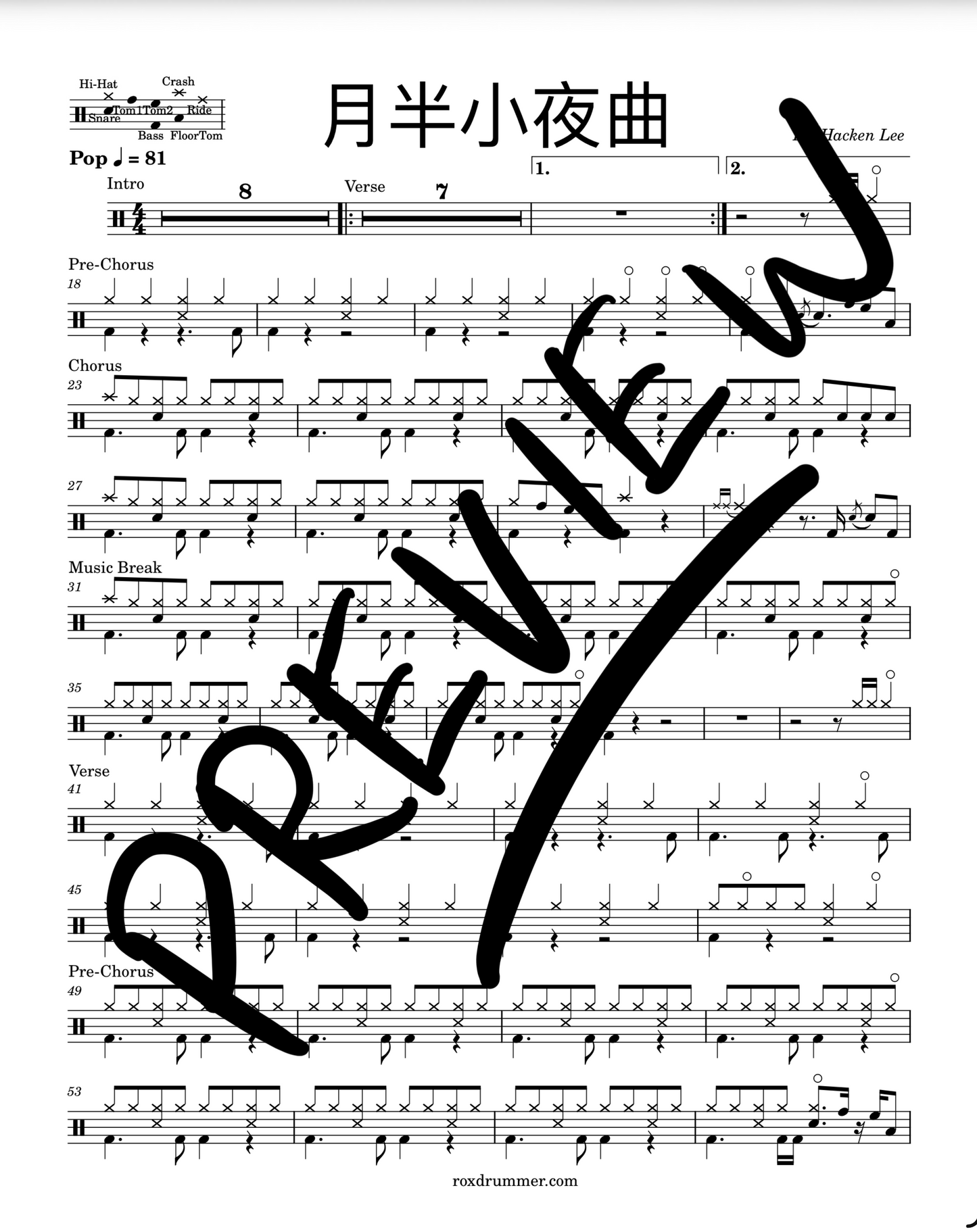 Hacken Lee - "月半小夜曲" Drum Sheet Music