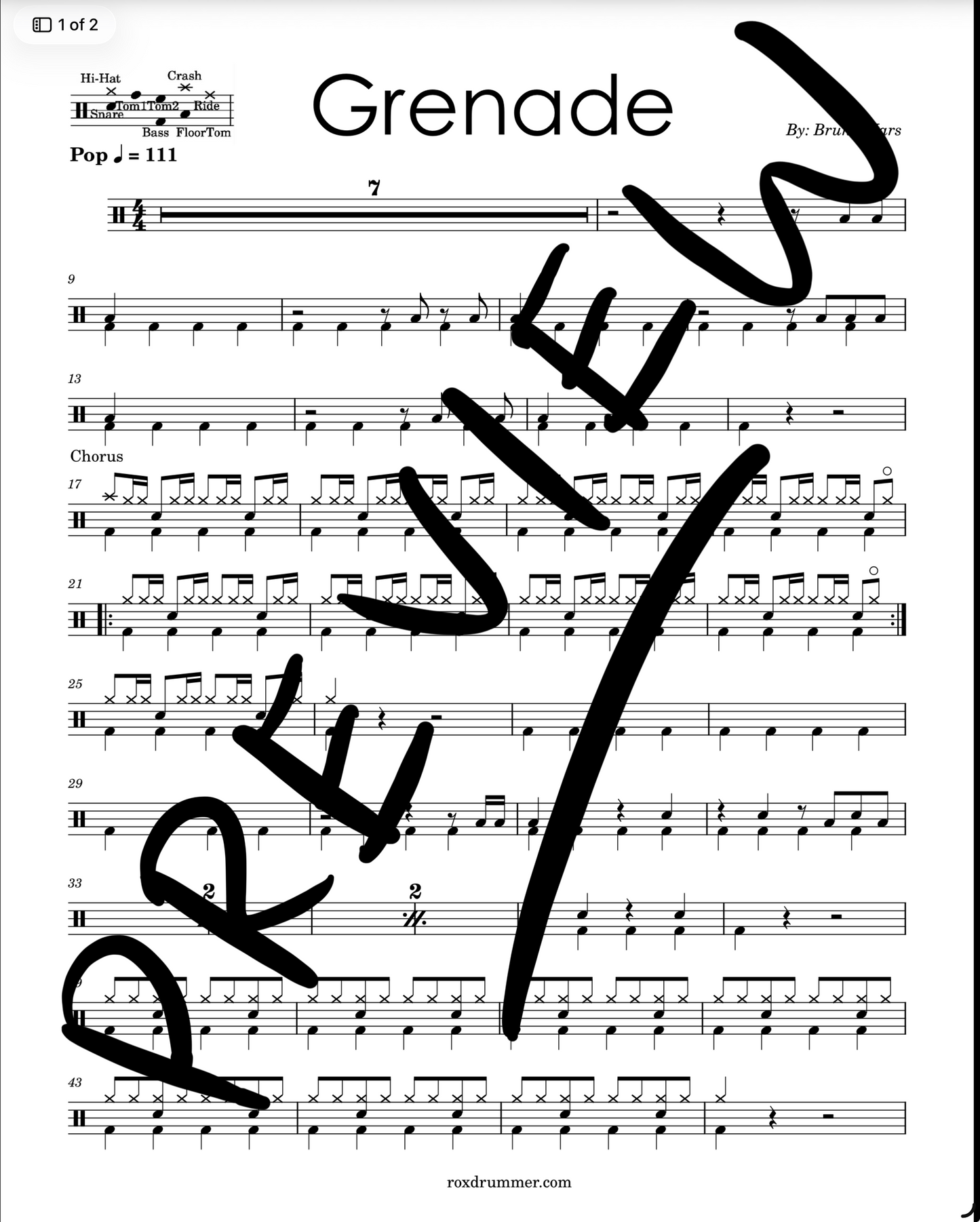 Bruno Mars - "Grenade" Drum Sheet Music
