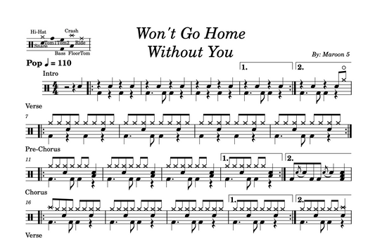 Maroon 5 - "Won't Go Home Without You" Drum Sheet Music