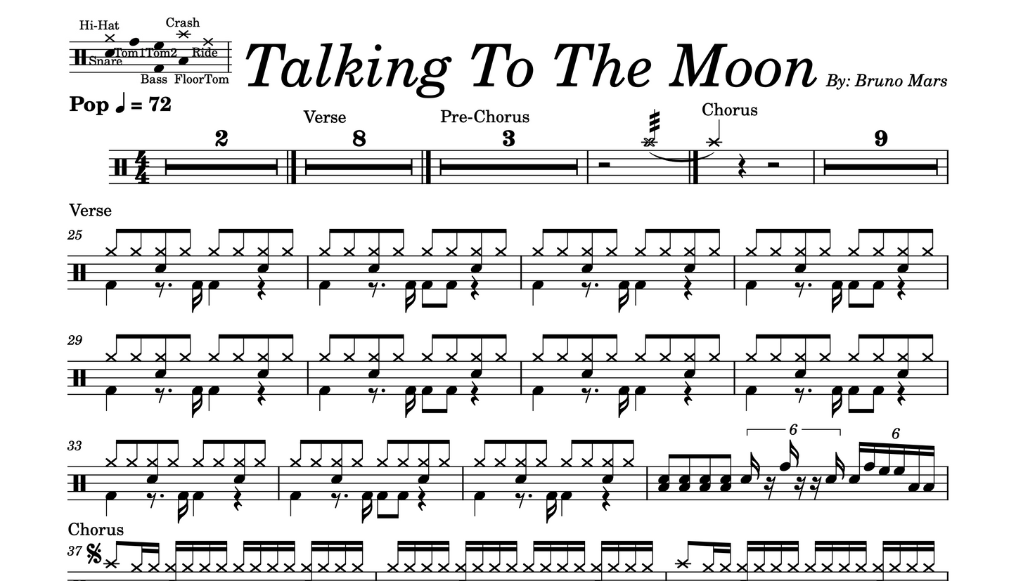 Bruno Mars - "Talking To The Moon" Drum Sheet Music