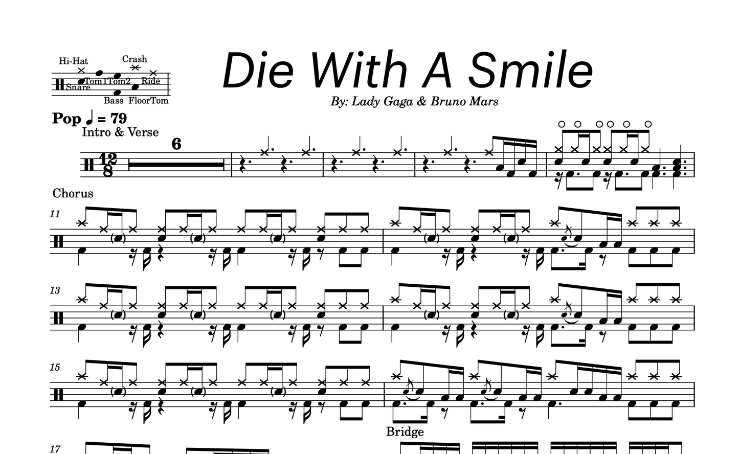 Lady Gaga & Bruno Mars - "Die With A Smile" Drum Sheet Music
