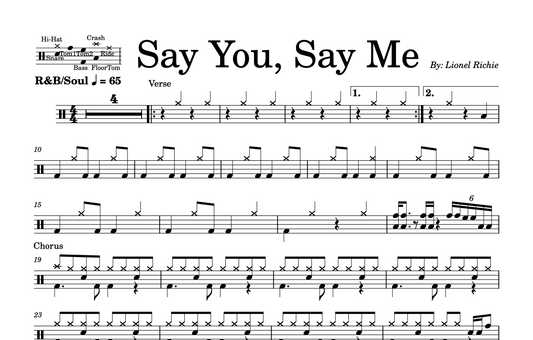 Lionel Richie - "Say You, Say Me" Drum Sheet Music