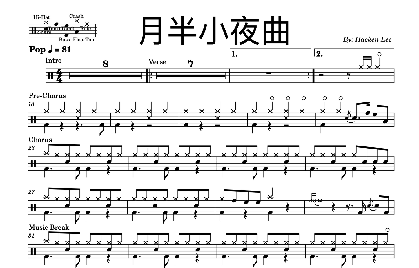 Hacken Lee - "月半小夜曲" Drum Sheet Music
