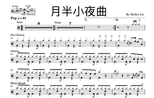Hacken Lee - "月半小夜曲" Drum Sheet Music