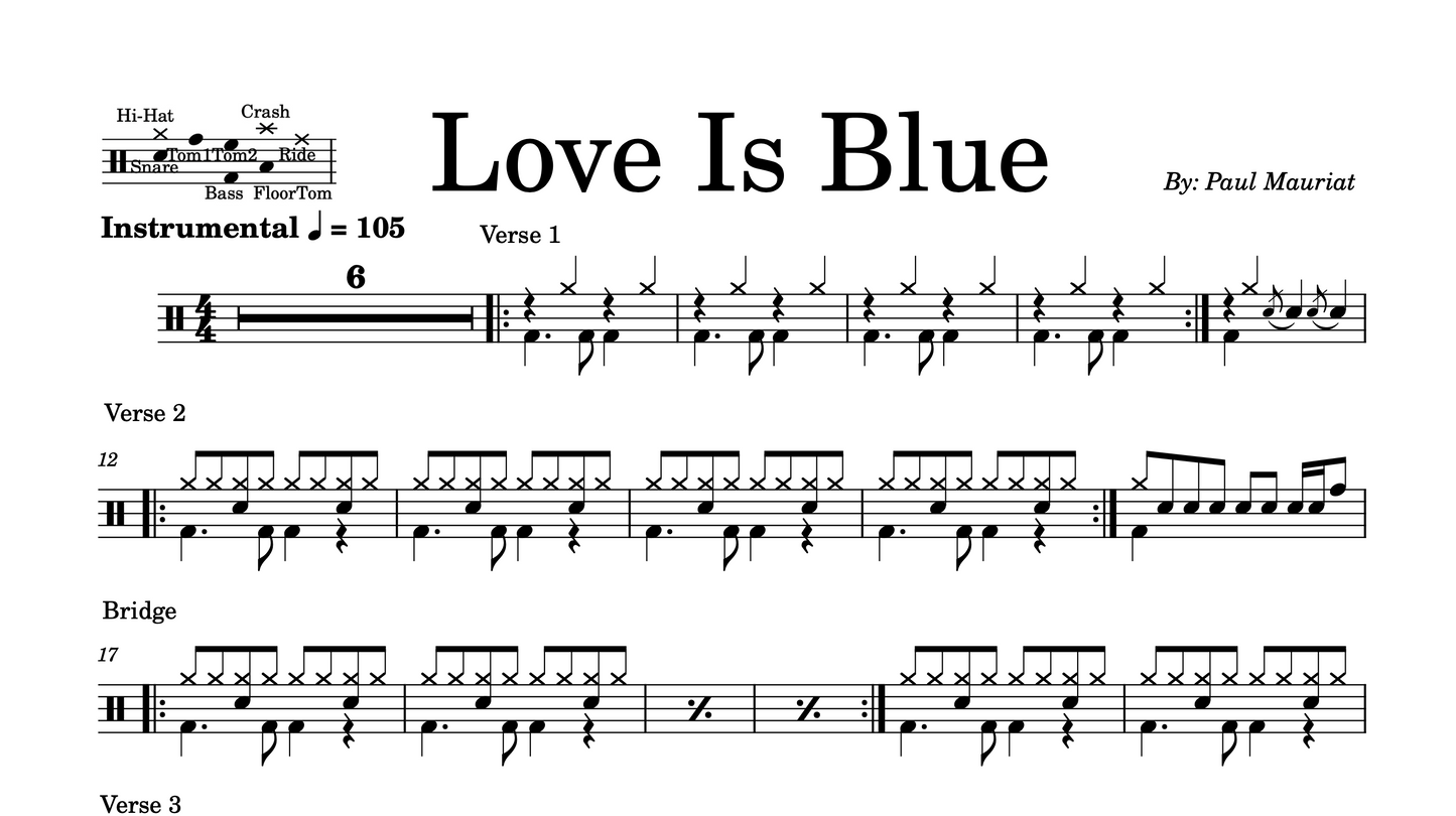 Paul Mauriat - "Love Is Blue" Drum Sheet Music