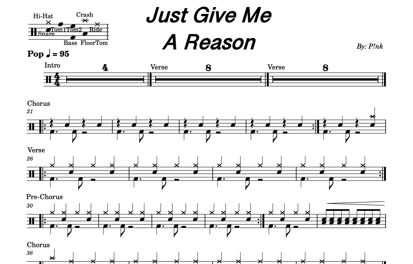 P!nk - "Just Give Me A Reason" Drum Sheet Music