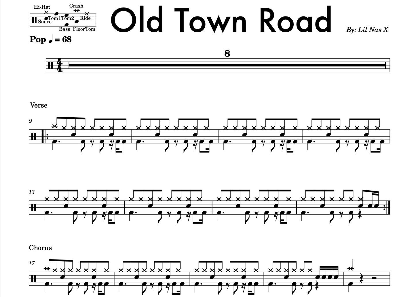 Lil Nas X - "Old Town Road" Drum Sheet Music