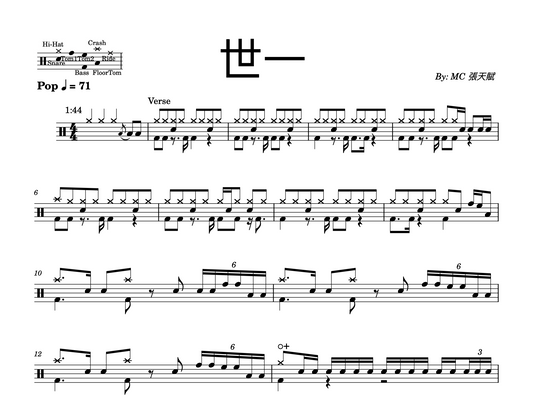 MC 張天賦 - "世一" Drum Sheet Music