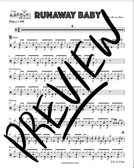 Bruno Mars - "Runaway Baby" Drum Sheet Music