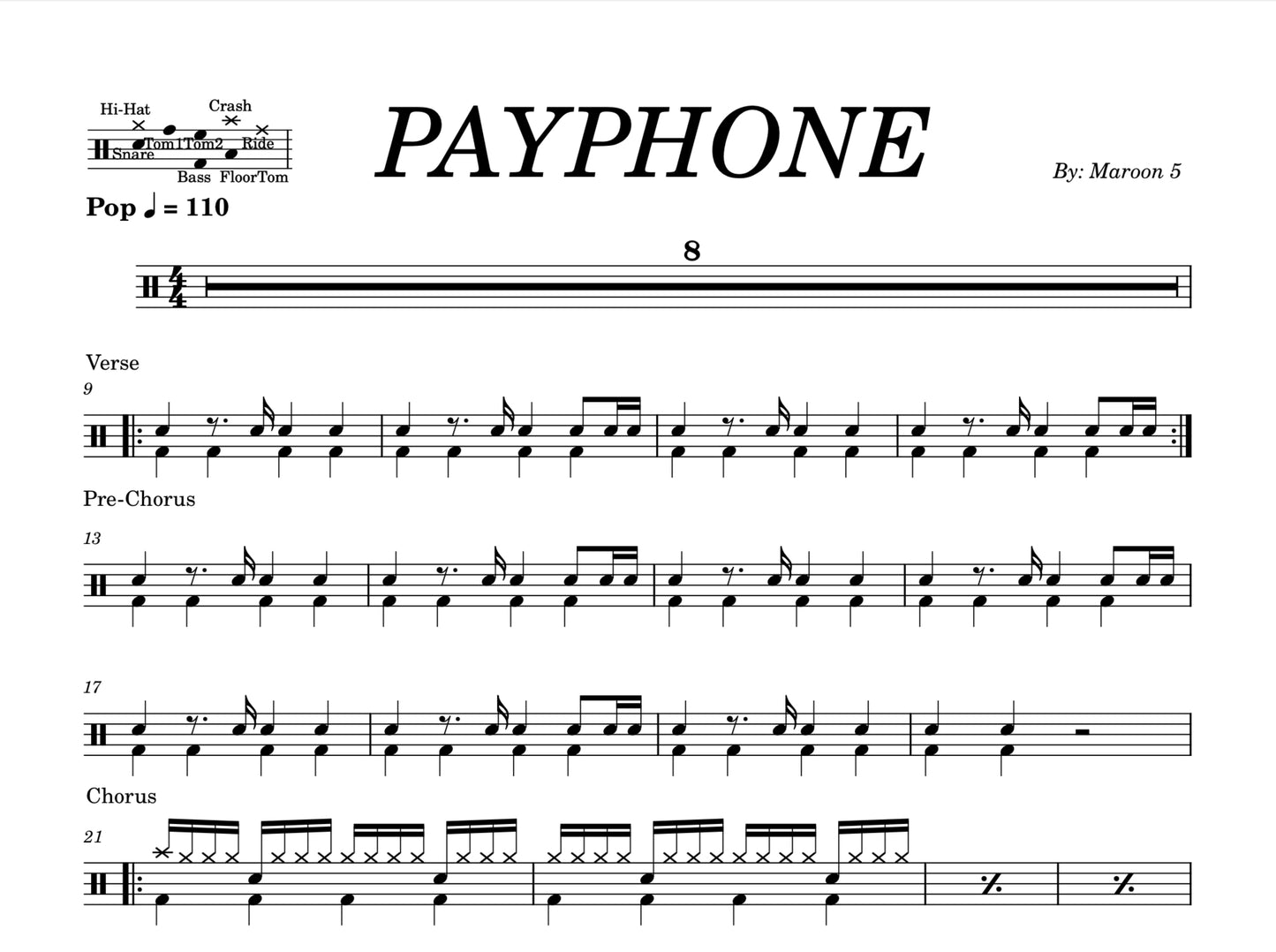 Maroon 5 feat. Wiz Khalifa - "Payphone" Drum Sheet Music