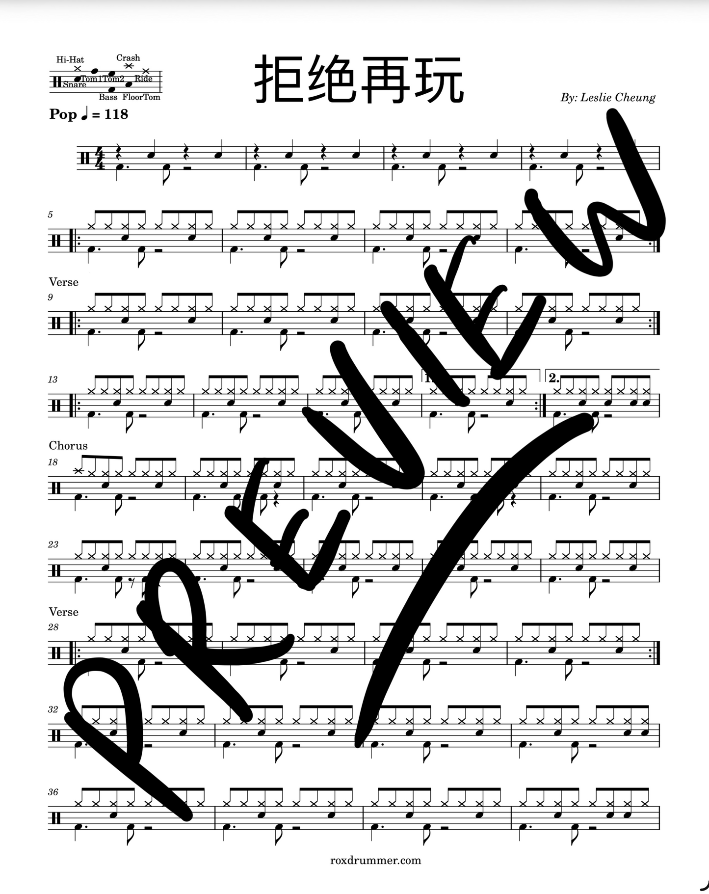 Leslie Cheung - "拒绝再玩" Drum Sheet Music