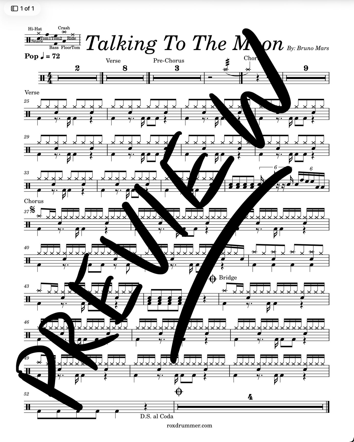 Bruno Mars - "Talking To The Moon" Drum Sheet Music