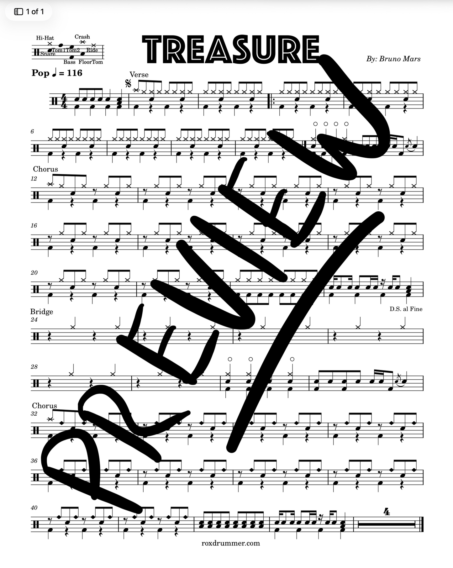 Bruno Mars - "Treasure" Drum Sheet Music