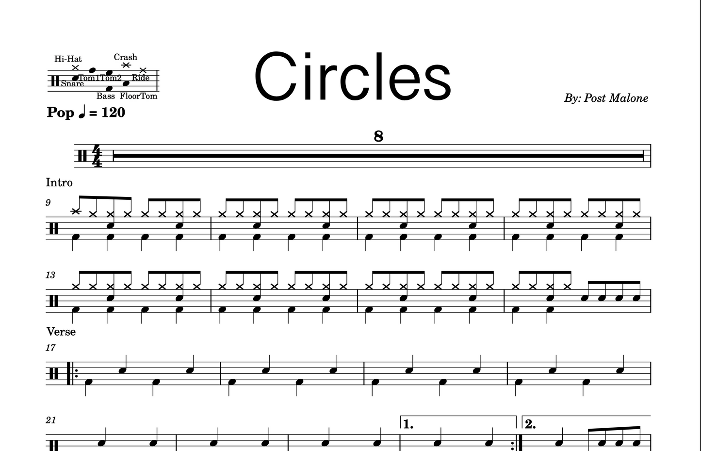 Post Malone - "Circles" Drum Sheet Music